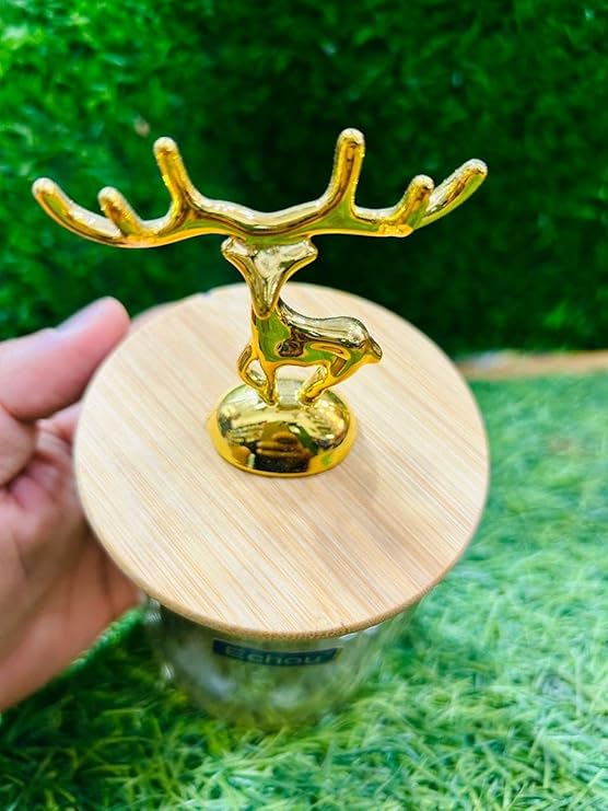 AM3723 Glass Container Jar Bowl With Wooden Deer Lids And Tray 4+1Pcs