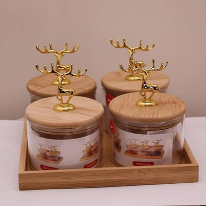 AM3723 Glass Container Jar Bowl With Wooden Deer Lids And Tray 4+1Pcs