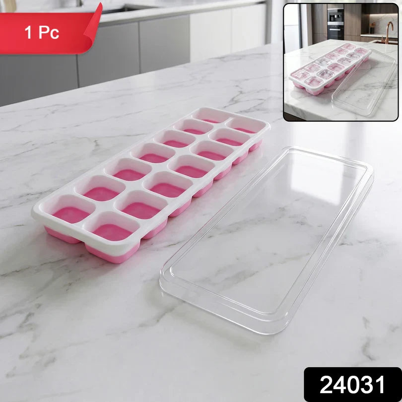 24031 Pink Plastic Ice Cube Tray with Lid - 14 Grid Multipurpose Mold