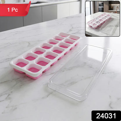 24031 Pink Plastic Ice Cube Tray with Lid - 14 Grid Multipurpose Mold