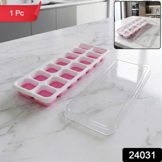 24031 Pink Plastic Ice Cube Tray with Lid - 14 Grid Multipurpose Mold
