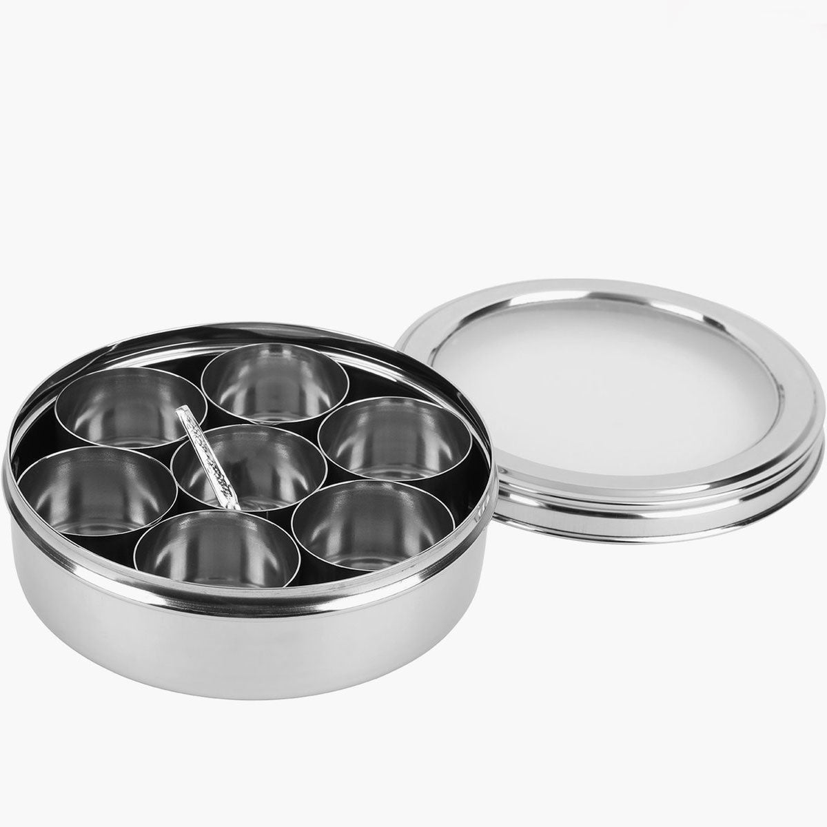 AM6005 Stainless Steel Spice Box with Glass Lid & Spoon – 7 Spice Containers