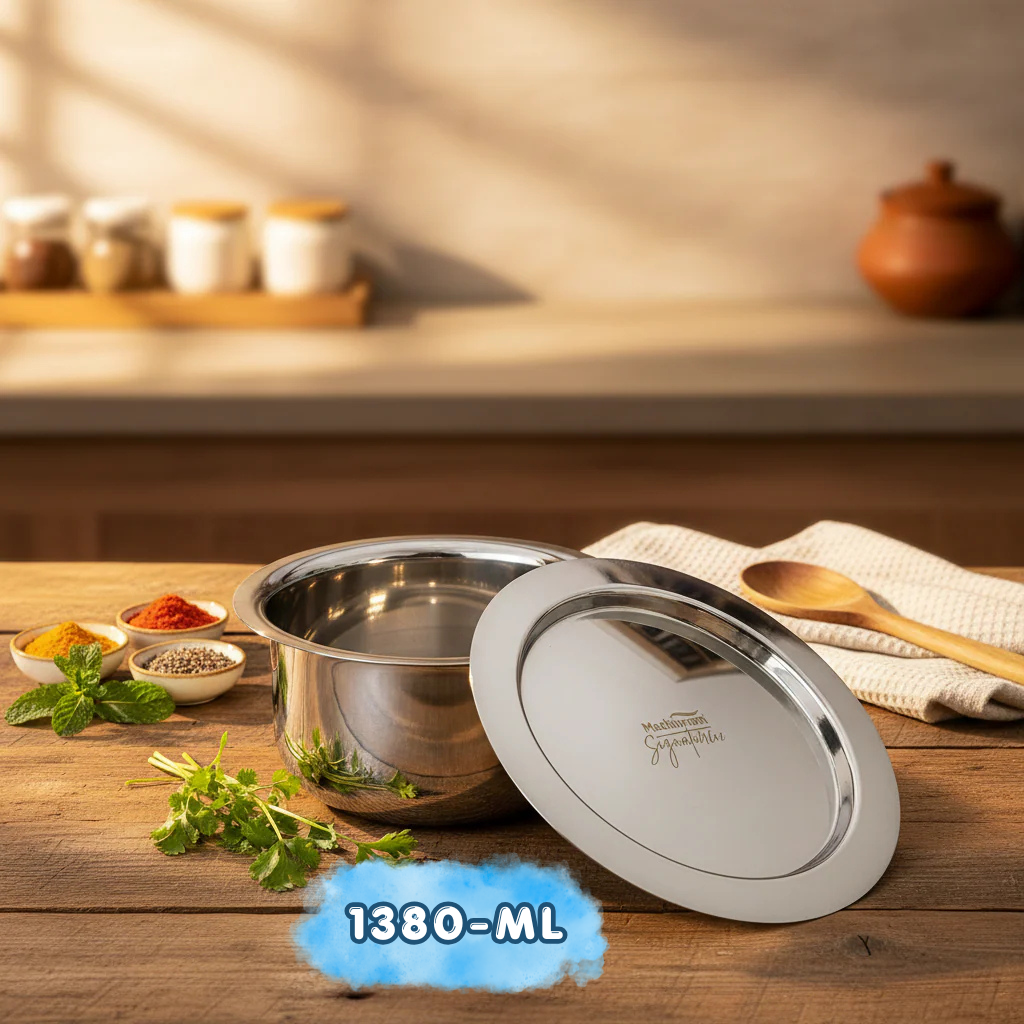 AM7595 Madhuram Signature 1380ml Stainless Steel Deep Tope with Lid (9x14x14 cm)