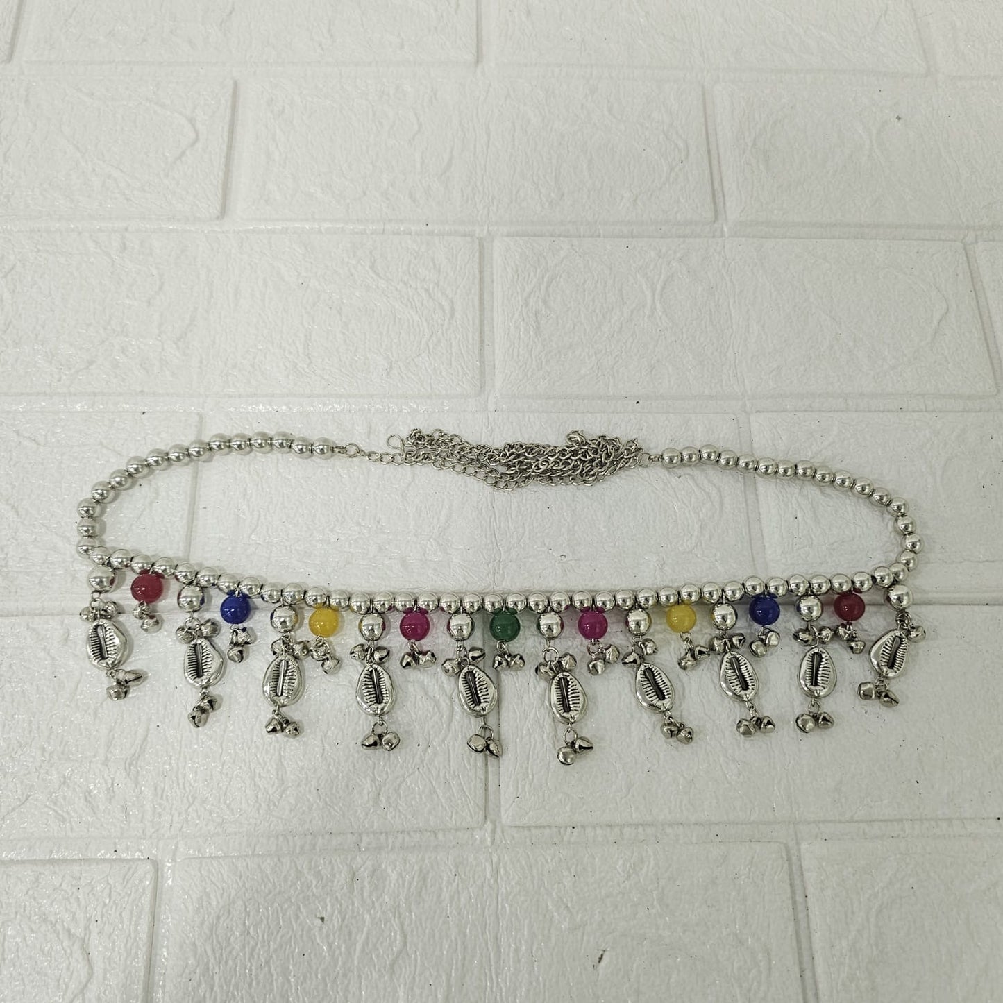 Di0046 Oxidized Silver Dangler Kamarbandh with Colorful Beads and Cowrie Shells (Multidesign)