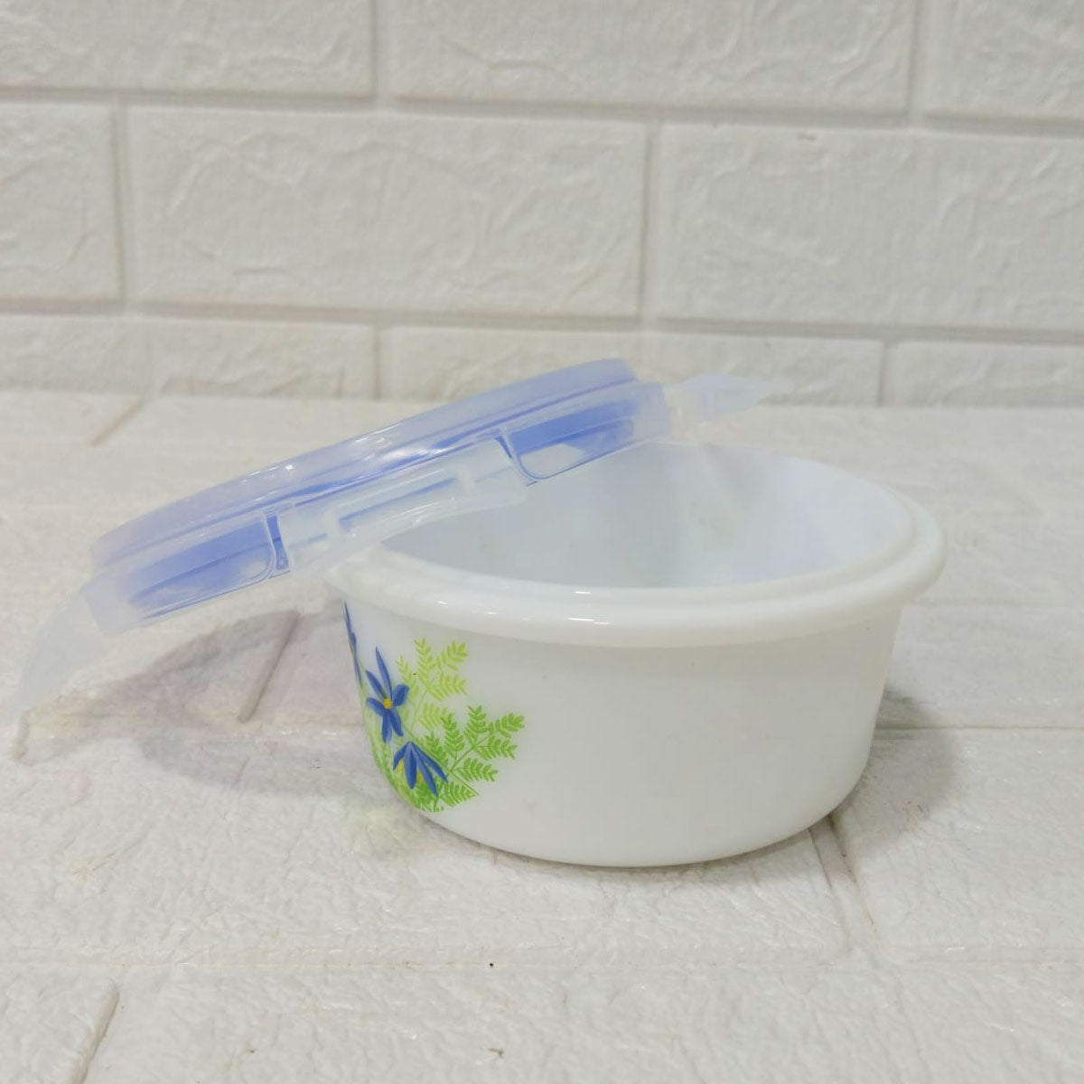 Di0239 Cello Small Marbelow Storage Bowl Set - 2-Piece White Glass Bowls with Floral Print & Airtight Lids