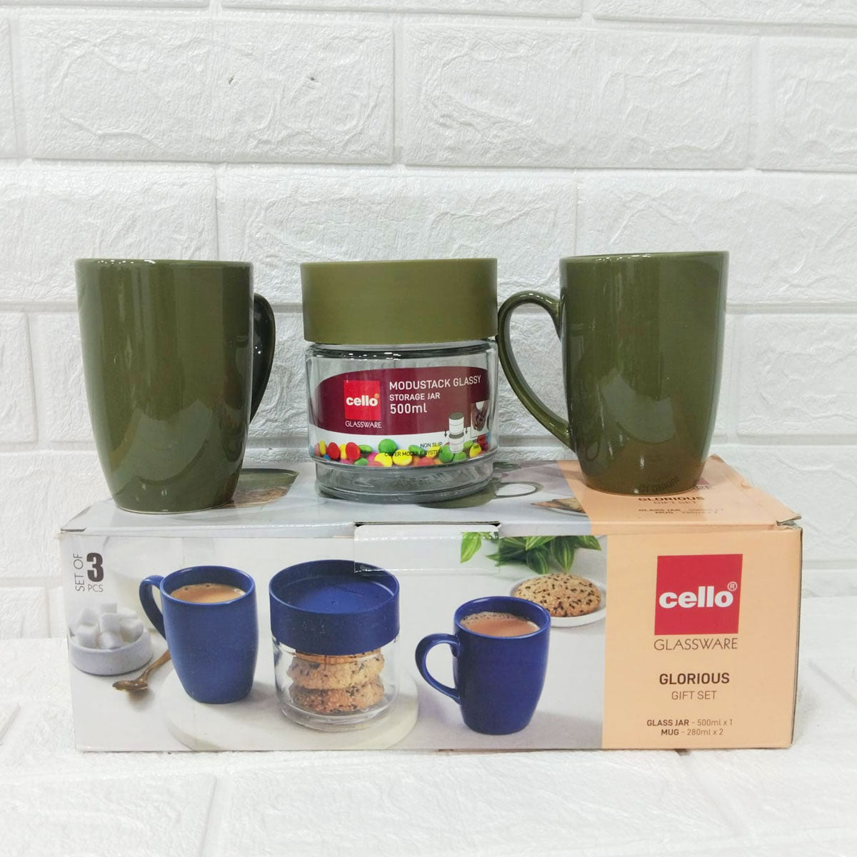 Di0246 Cello Glassware Glorious Gift Set -3-Piece Gift Set | 2 Coffee Mugs (280ml) + 1 Glass Jar (500ml)