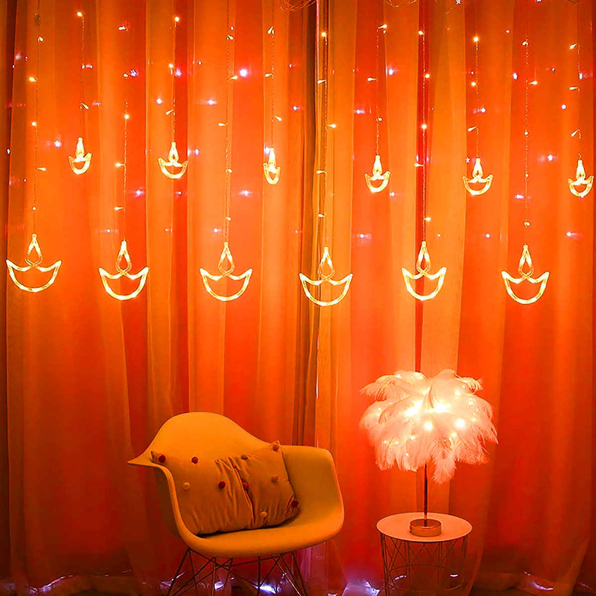 Di0065 12 Diyas Window LED Lights with Flashing Modes Decoration 6x6 (Warm)