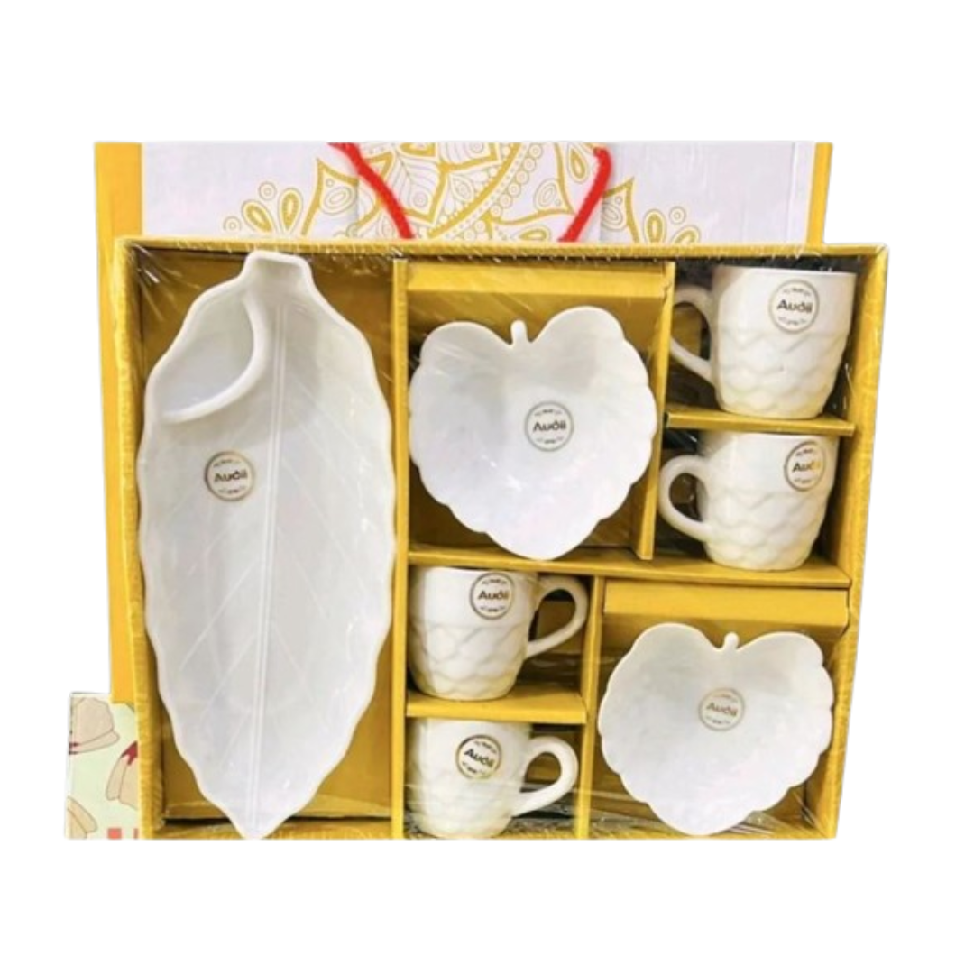 AM0316 Vento 7 Pcs Ceramic 1 Coffee Cups, 1 Leaf Snack Platter & 2 Bowls Gift Set