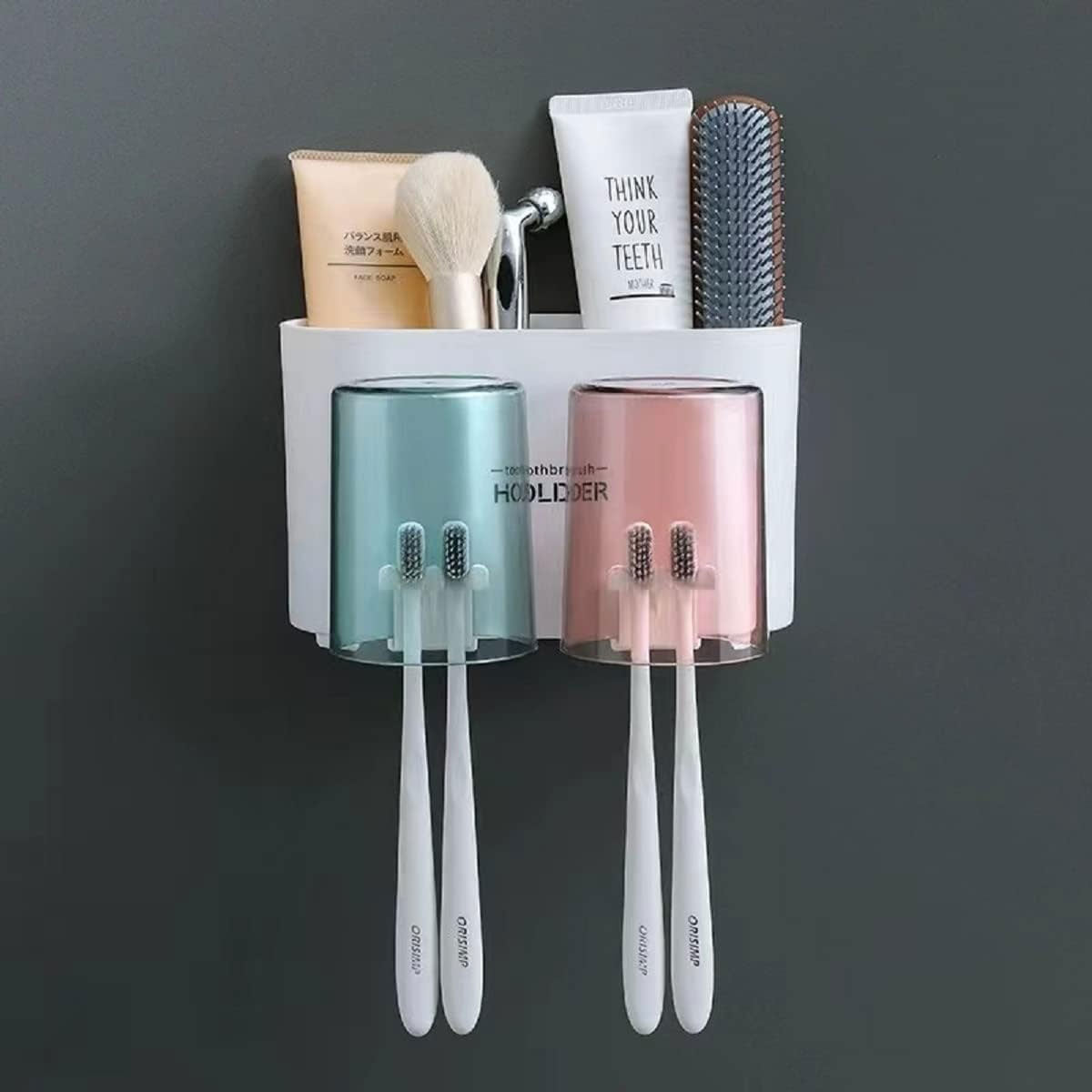 AM6480 2 Glass Toothbrush Holder with Dual Cups and Organizer