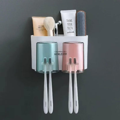AM6480 2 Glass Toothbrush Holder with Dual Cups and Organizer