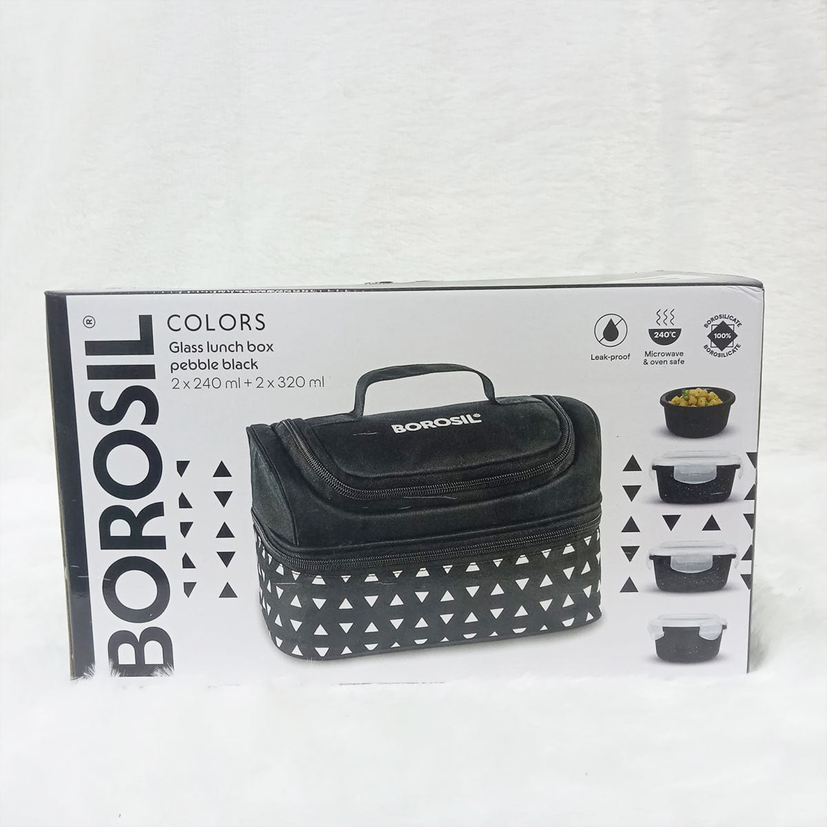 AM6191 Borosil Kube Black Universal Glass Lunchbox, 320ml x 2 + 240ml x 2