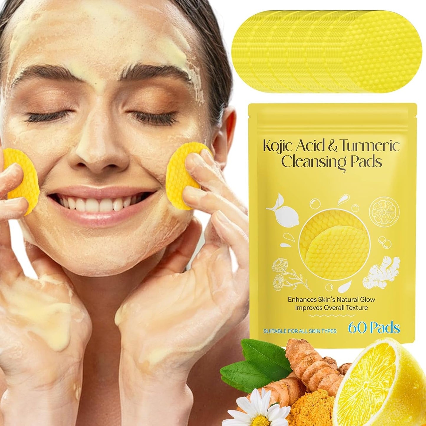 AM5417 Turmeric Kojic Acid Cleansing Pads, 60 Count Turmeric and Kojic Acid Pads, Mild and Non-irritating, Suit for All Skin Types 60 Pcs Kojic Acid Turmeric Cleansing Pads