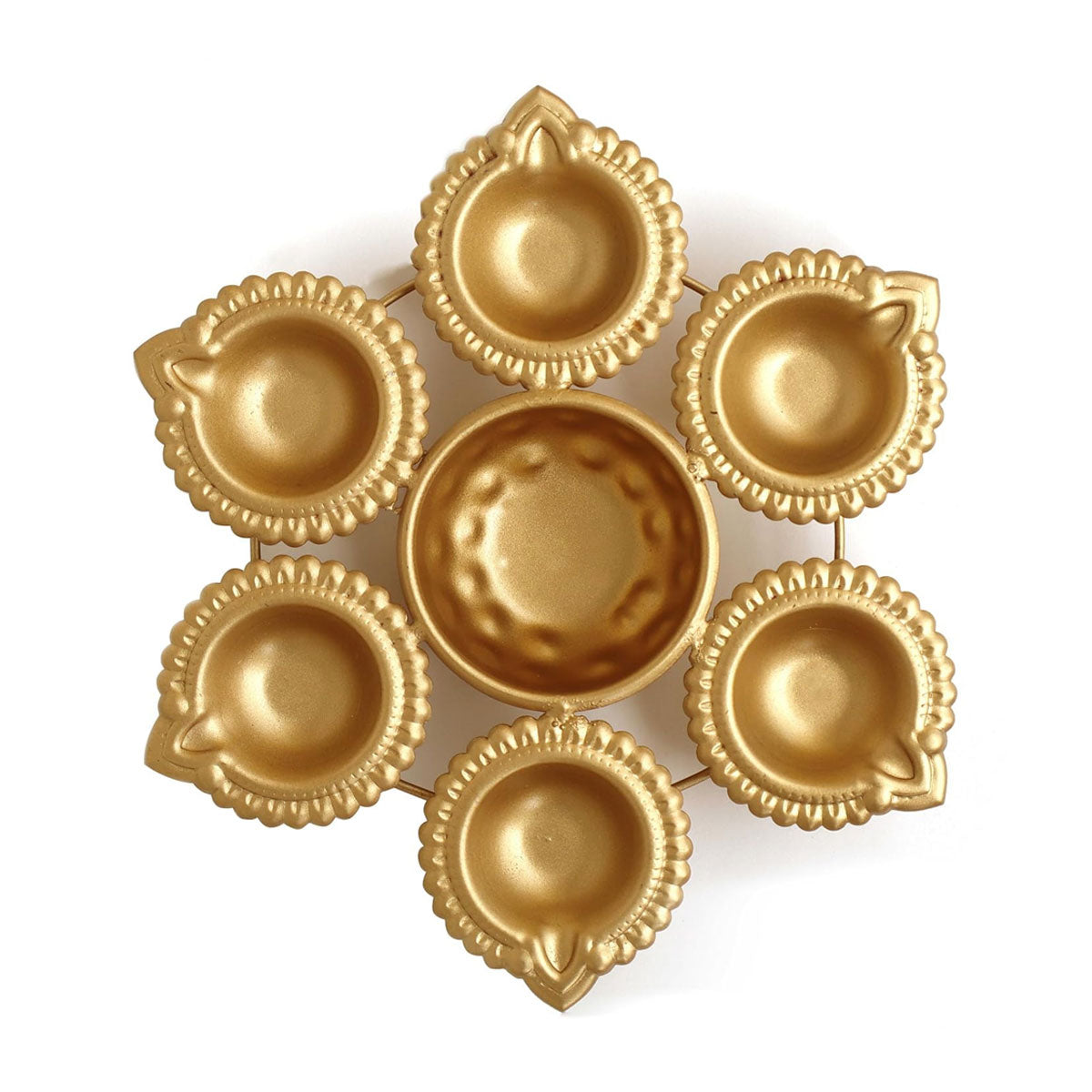 Di0320 Golden Decorative Diya Set – 6 Small Diyas with Central Holder