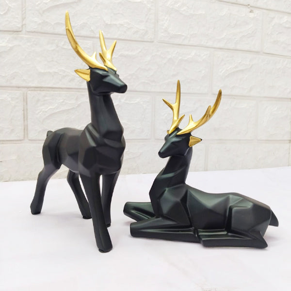 AM5365 Modern Geometrical Black Deer Pair Showpiece for Home Decoration- Pack of 2 deer