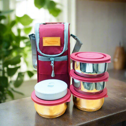 AM5652 Rishabh Steel Bite 4 Container Lunch Box WIth Lunch Bag