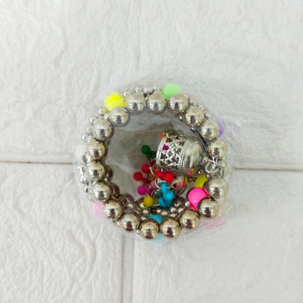 Di0215 Little Girl's Oxidized Silver Bracelet with Multicolor Beads & Jhumki Charms