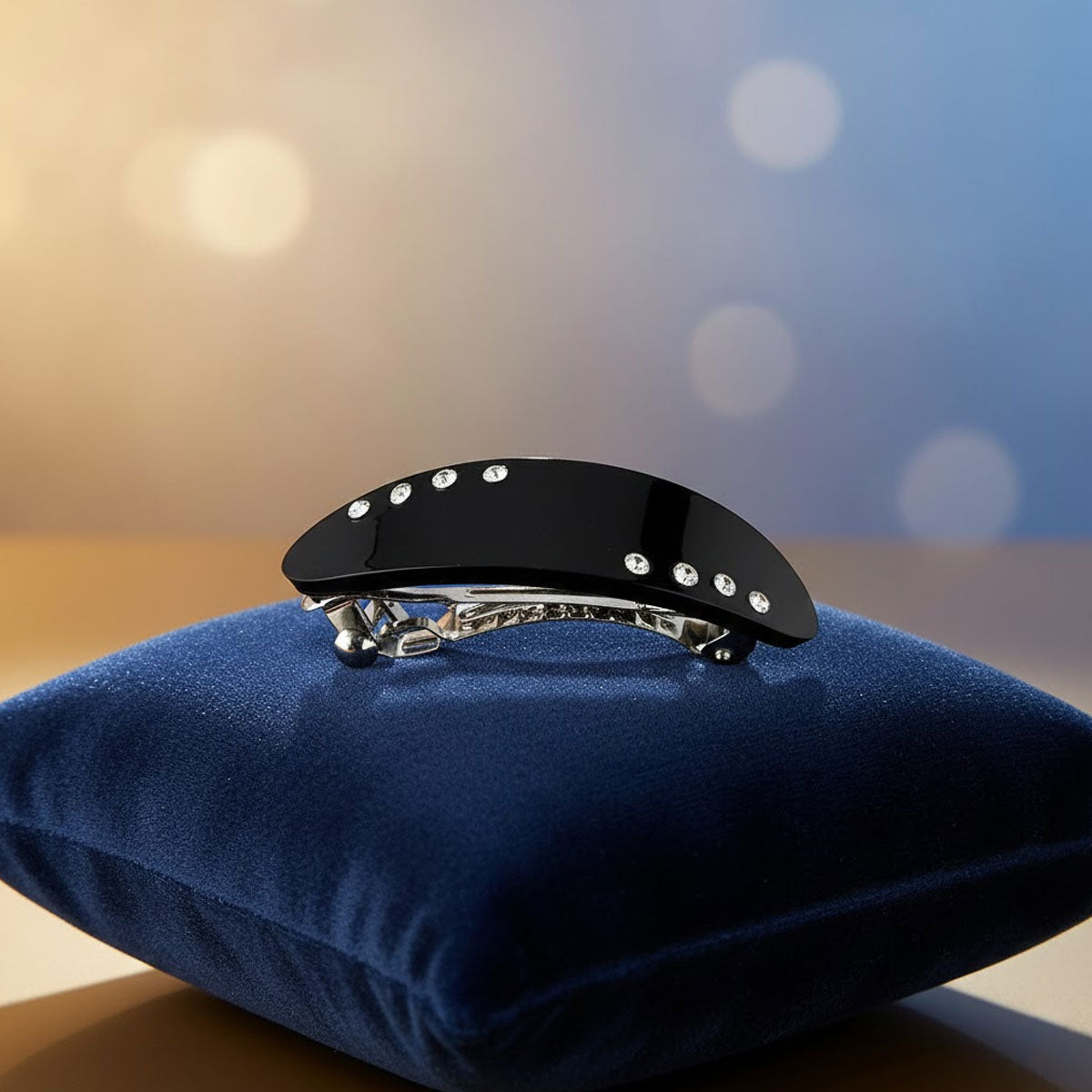 AM6390 Elegant Black Oval Rhinestone Hair Clip - Sparkle Snap Barrette