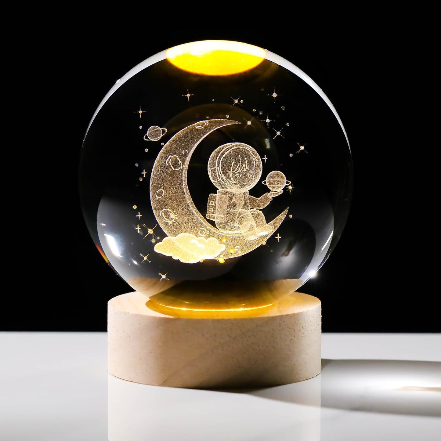 AM5355 Crystal Ball Night Lamp,Creative Crystal Ball Night Light, USB Table LED Wooden Crystal Ball for Home Decoration Birthday Gift for Teens, Boys, Girls (3D Moon ASTRONUAT)