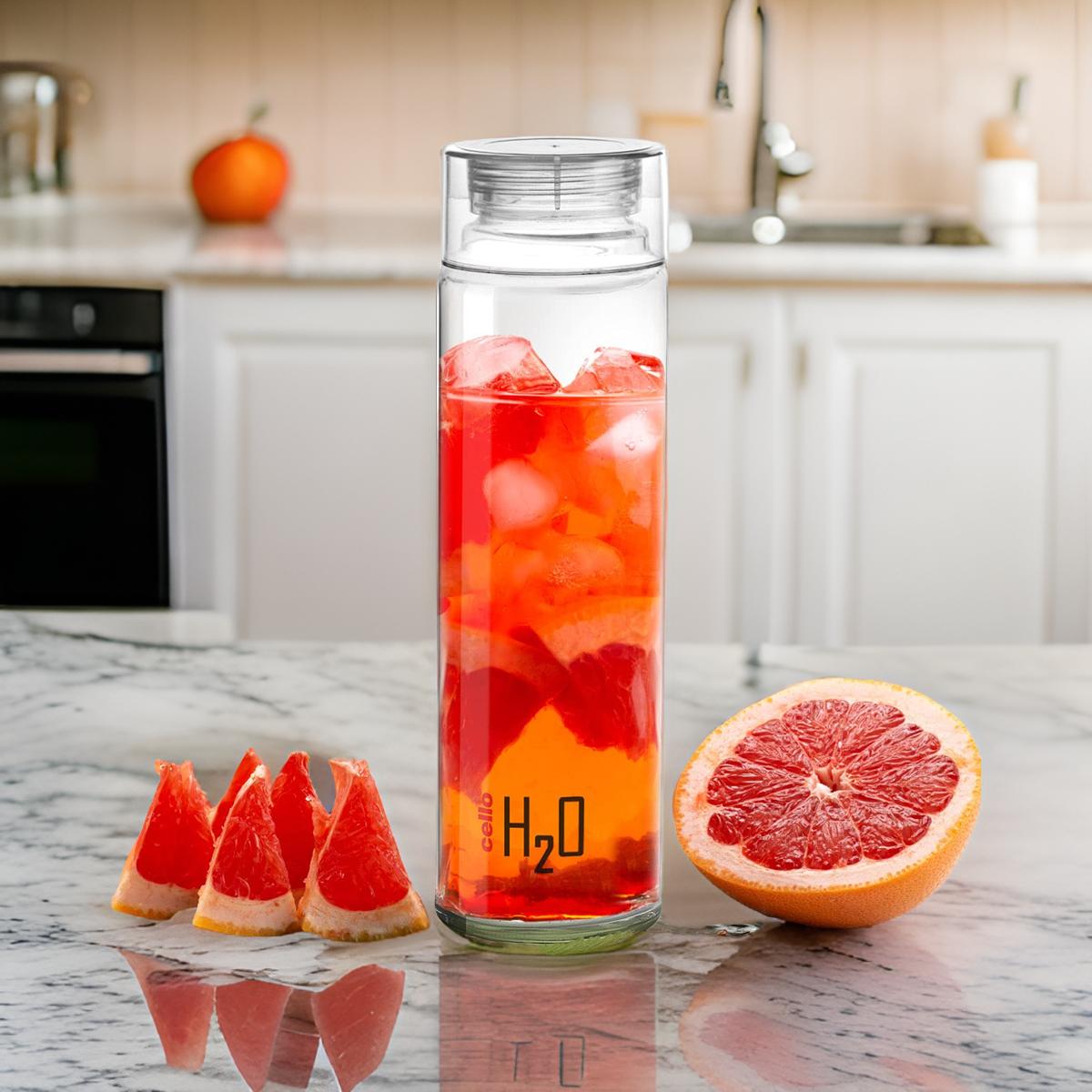 AM0665 CELLO PREMIUM H2O Glass Fridge Water Bottle with Plastic Cap 920ml