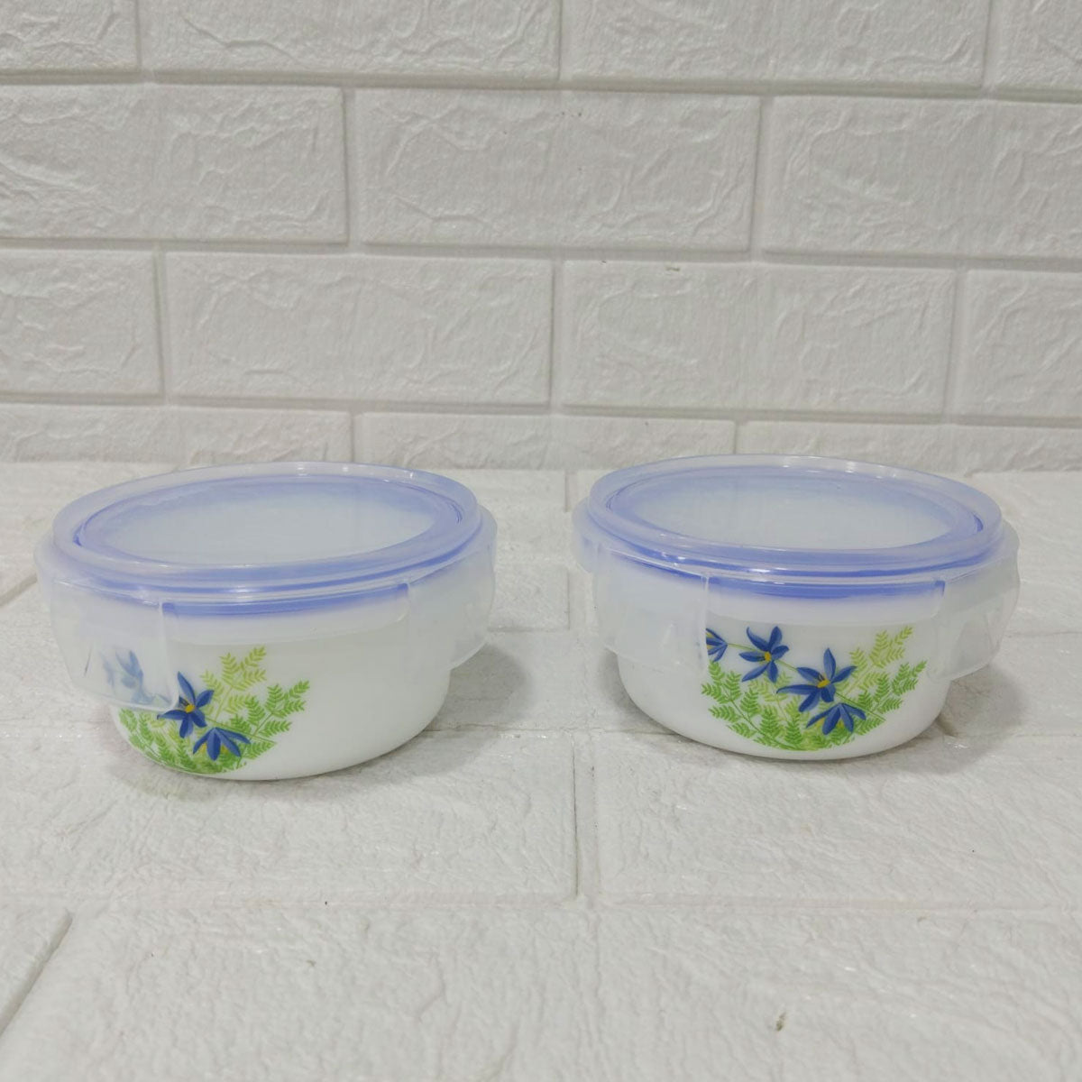Di0239 Cello Small Marbelow Storage Bowl Set - 2-Piece White Glass Bowls with Floral Print & Airtight Lids