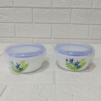 Di0239 Cello Small Marbelow Storage Bowl Set - 2-Piece White Glass Bowls with Floral Print & Airtight Lids
