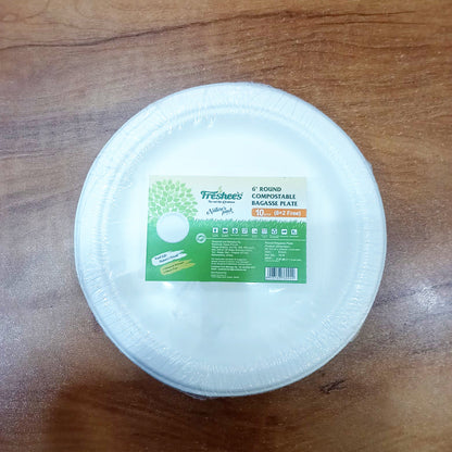 AM5733 Freshee Compostable Bagasse Round Plates (6inch, Pack of 10pc) Food Plate for Party, Wedding, Snack, Dinner