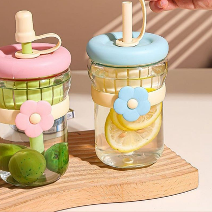 AM7108 Flower Glass Sipper Bottle - 500ml, Built-in Juicer & Straw