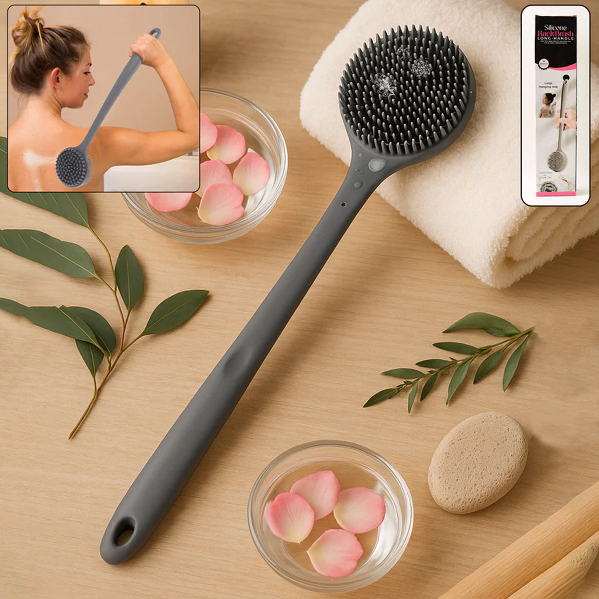 14219 Silicone Back Scrubber Brush with Long Handle (1 Pc)