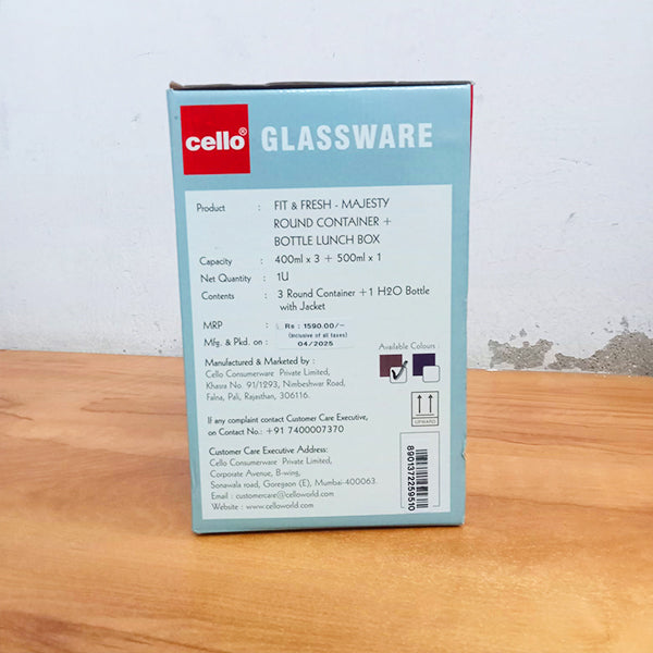 AM5454 Cello Majesty Round Glass Lunch Box 400ml x 3 N with Jacket & Glass Water Bottle 500ml With 2 Spoons (Pack of 4Pc)