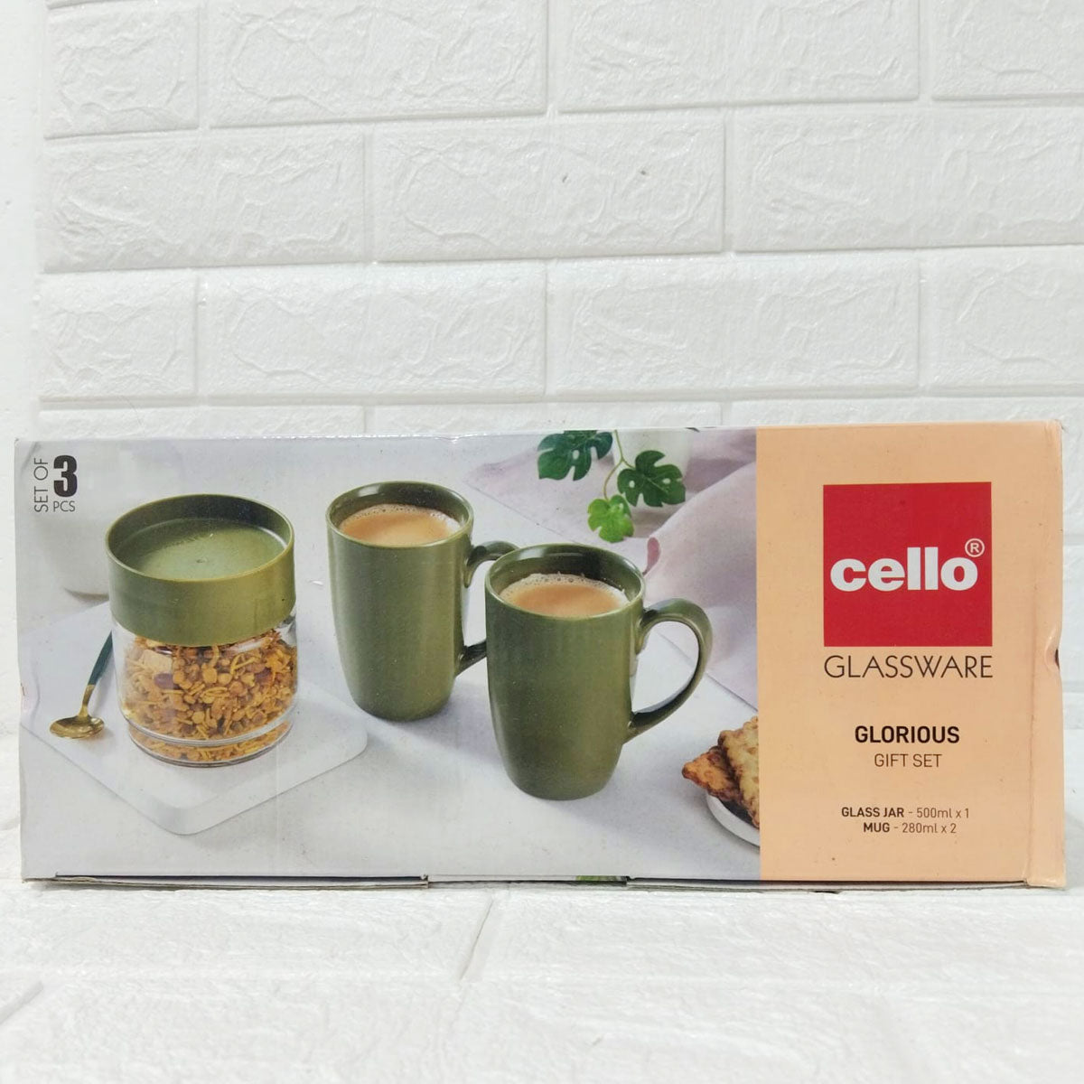 Di0246 Cello Glassware Glorious Gift Set -3-Piece Gift Set | 2 Coffee Mugs (280ml) + 1 Glass Jar (500ml)