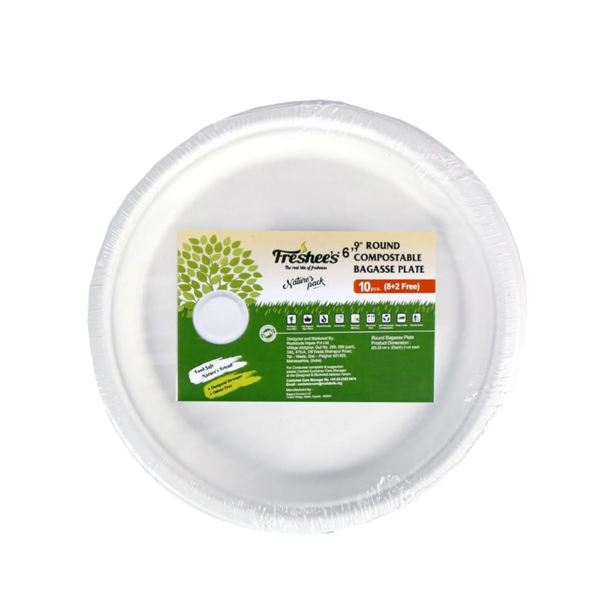 AM5734 Freshee Compostable Bagasse Round Plates (9inch, Pack of 10pc) Food Plate for Party, Wedding, Snack, Dinner