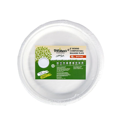 AM5734 Freshee Compostable Bagasse Round Plates (9inch, Pack of 10pc) Food Plate for Party, Wedding, Snack, Dinner