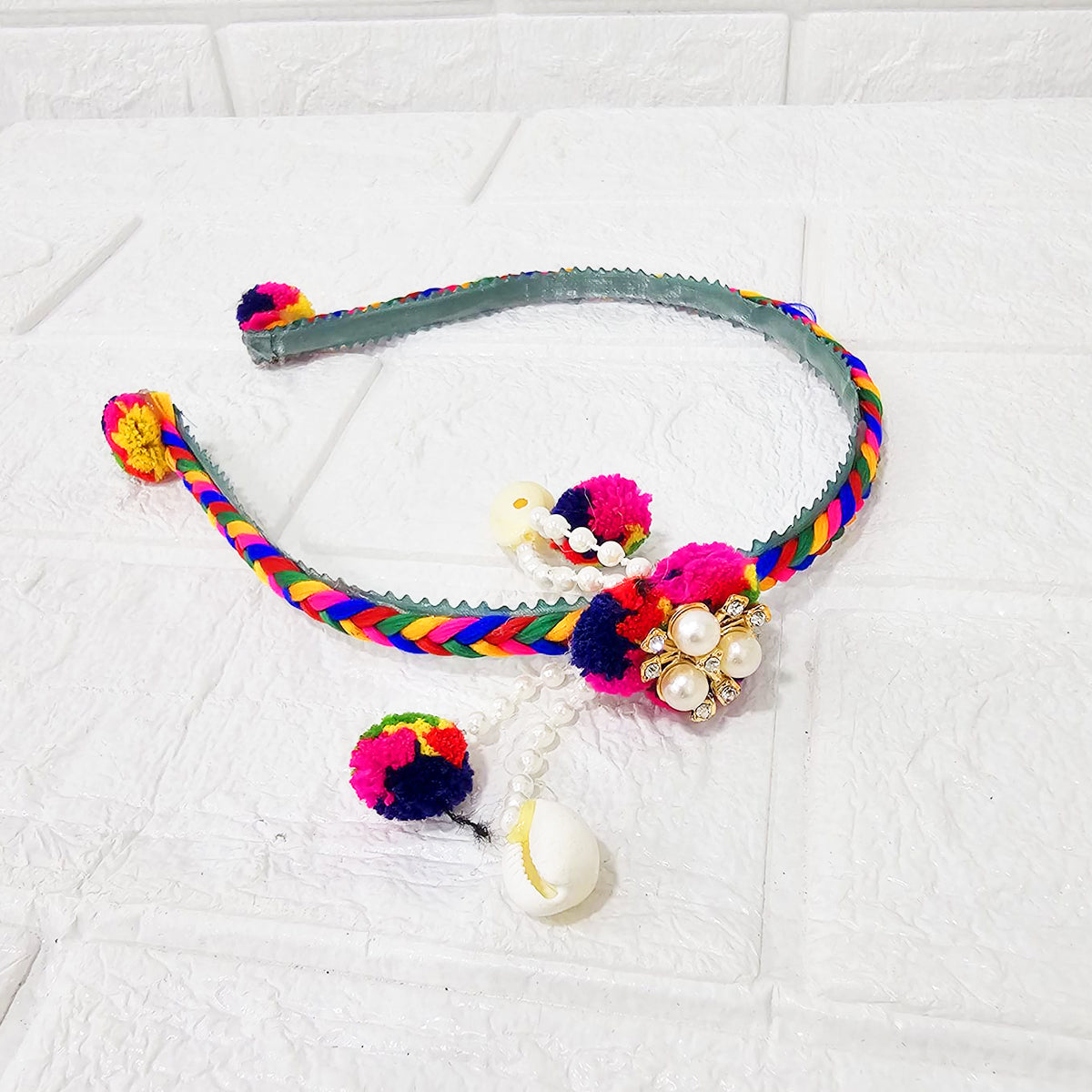 Di0042 Navratri MIx Design Colorful Braided Hairband with Cowrie Shells & Pom-Pom Ends