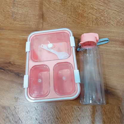 AM5603 Tokyo 3 Compartment Plastic Lunch Box with Water Bottle for Boys, Girls, School & Office Men