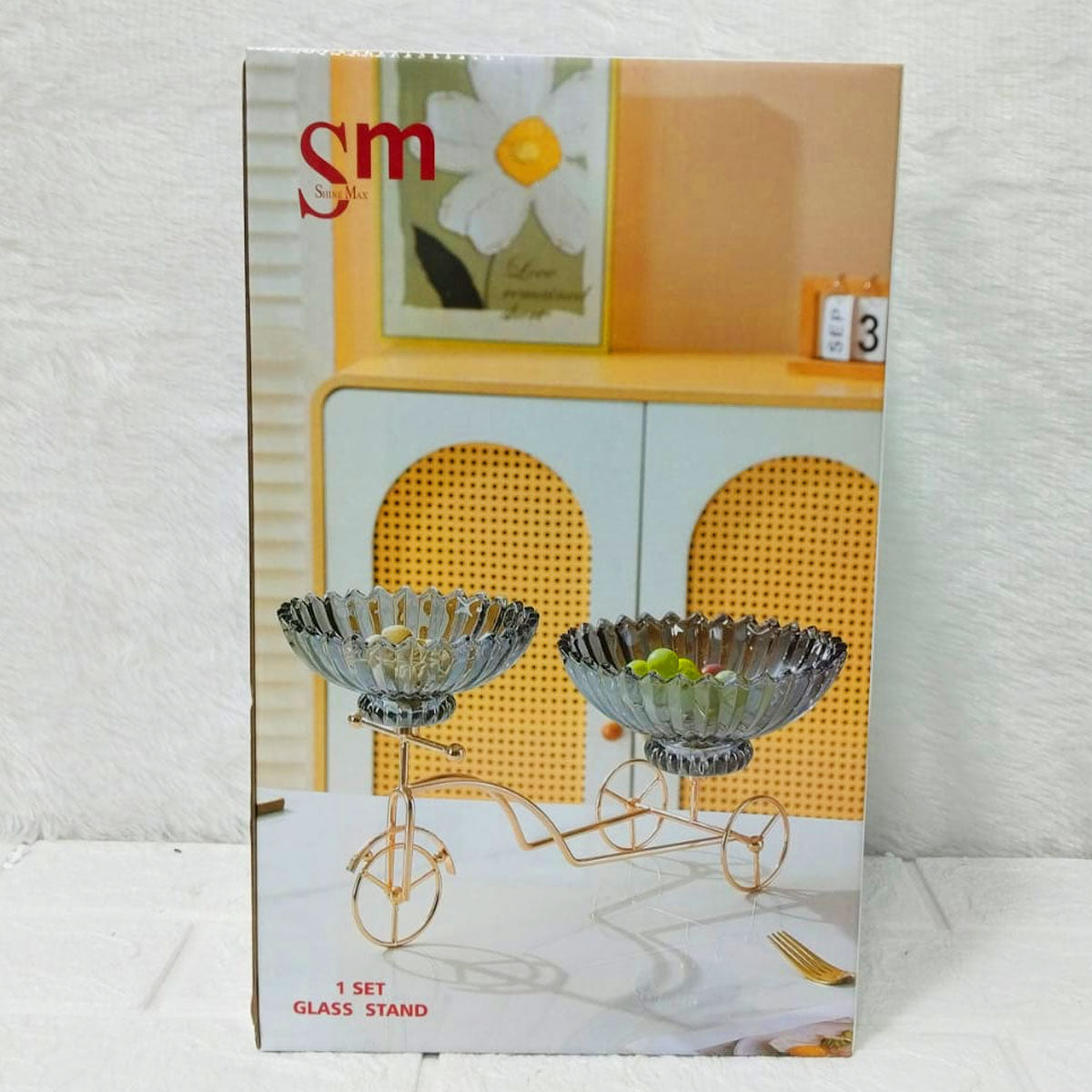 AM6273 Elegant Twin Glass Bowl with Golden Tricycle Stand – Decorative Serving Set
