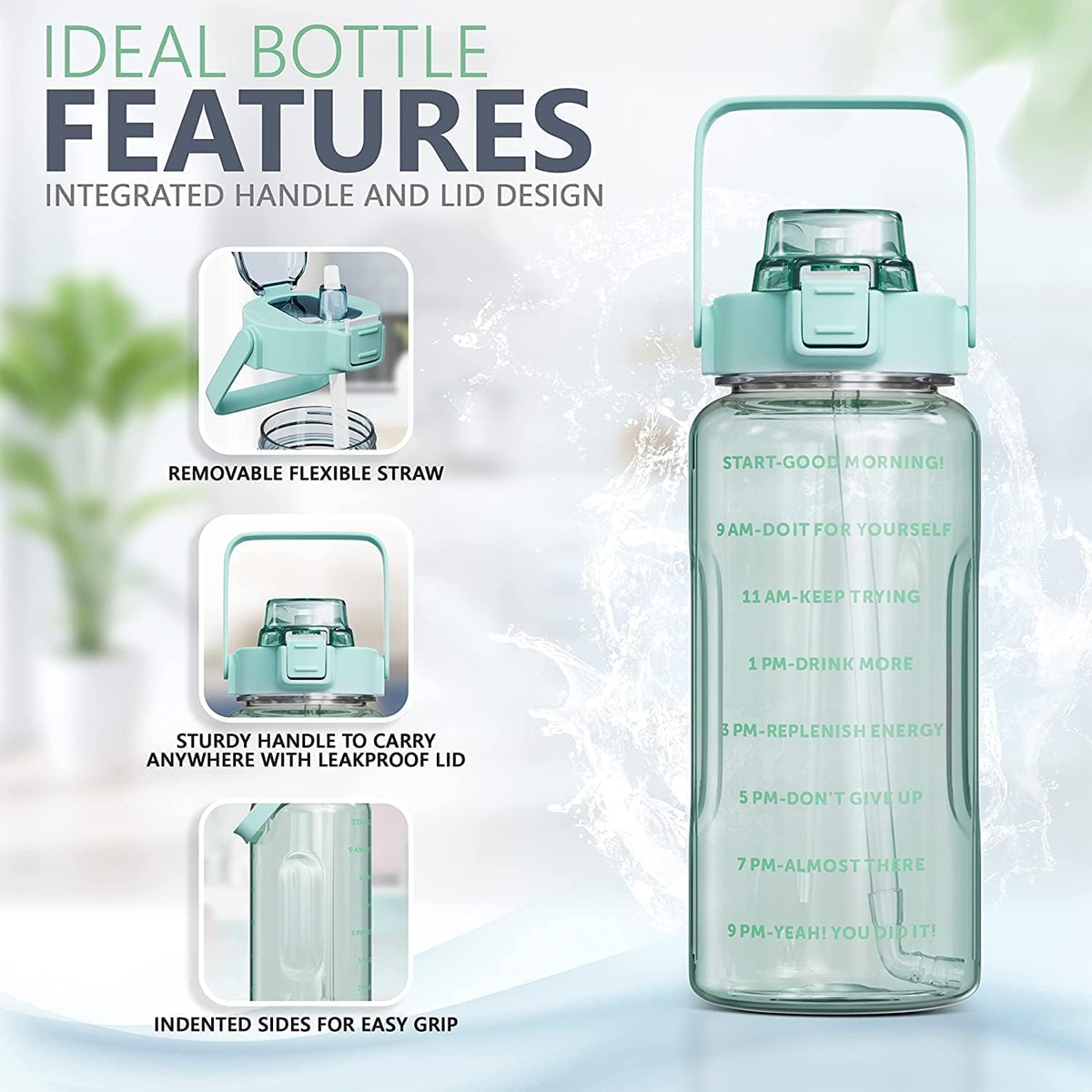 AM6662 Motivational Water Bottle with Time Marker & Straw - 2000ml