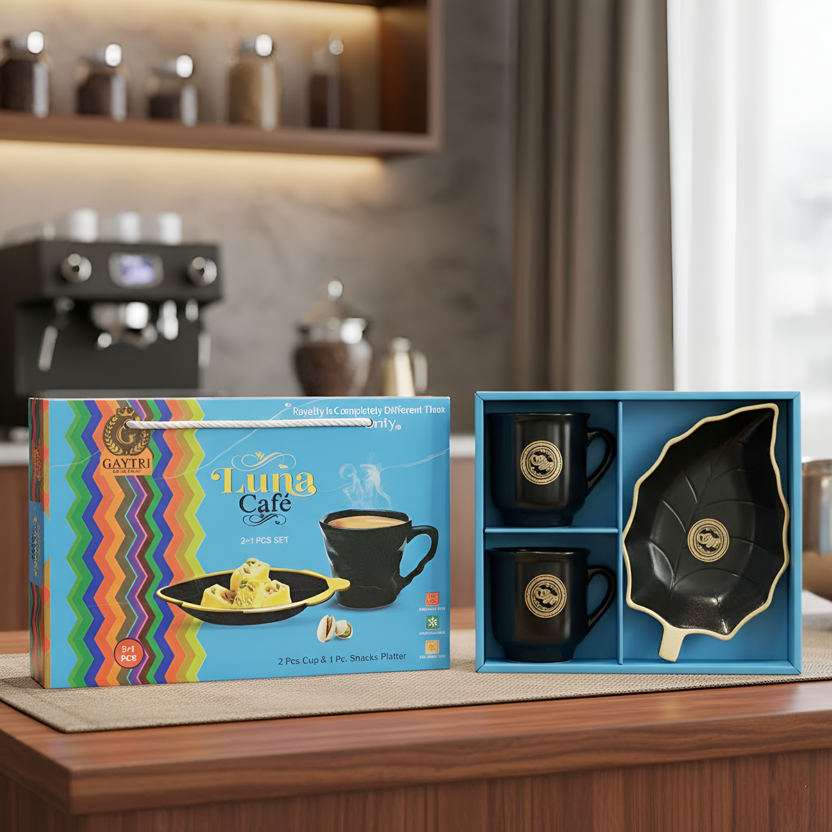 Di0313 Mix Design Luna Cafe 3-Piece Black Tea/Coffee Set with Leaf-Shaped Snacks Platter