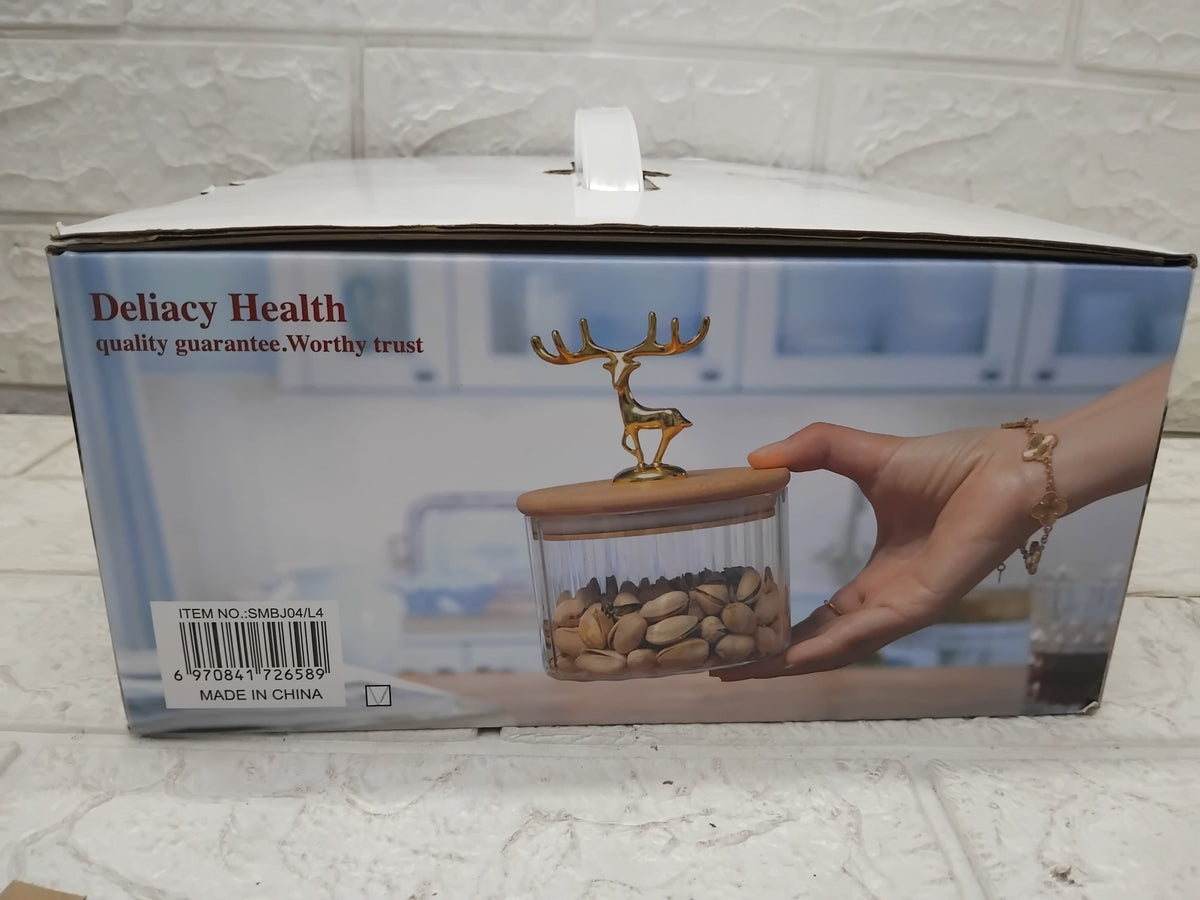 AM3723 Glass Container Jar Bowl With Wooden Deer Lids And Tray 4+1Pcs