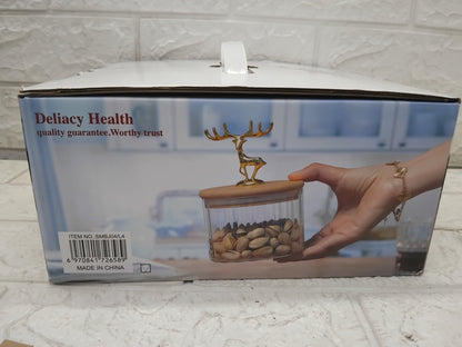 AM3723 Glass Container Jar Bowl With Wooden Deer Lids And Tray 4+1Pcs