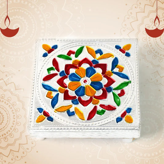 2563 1 Pc Meenakari Wooden Chowki & Bajot Set: For Home & Office Puja (Multicolor)