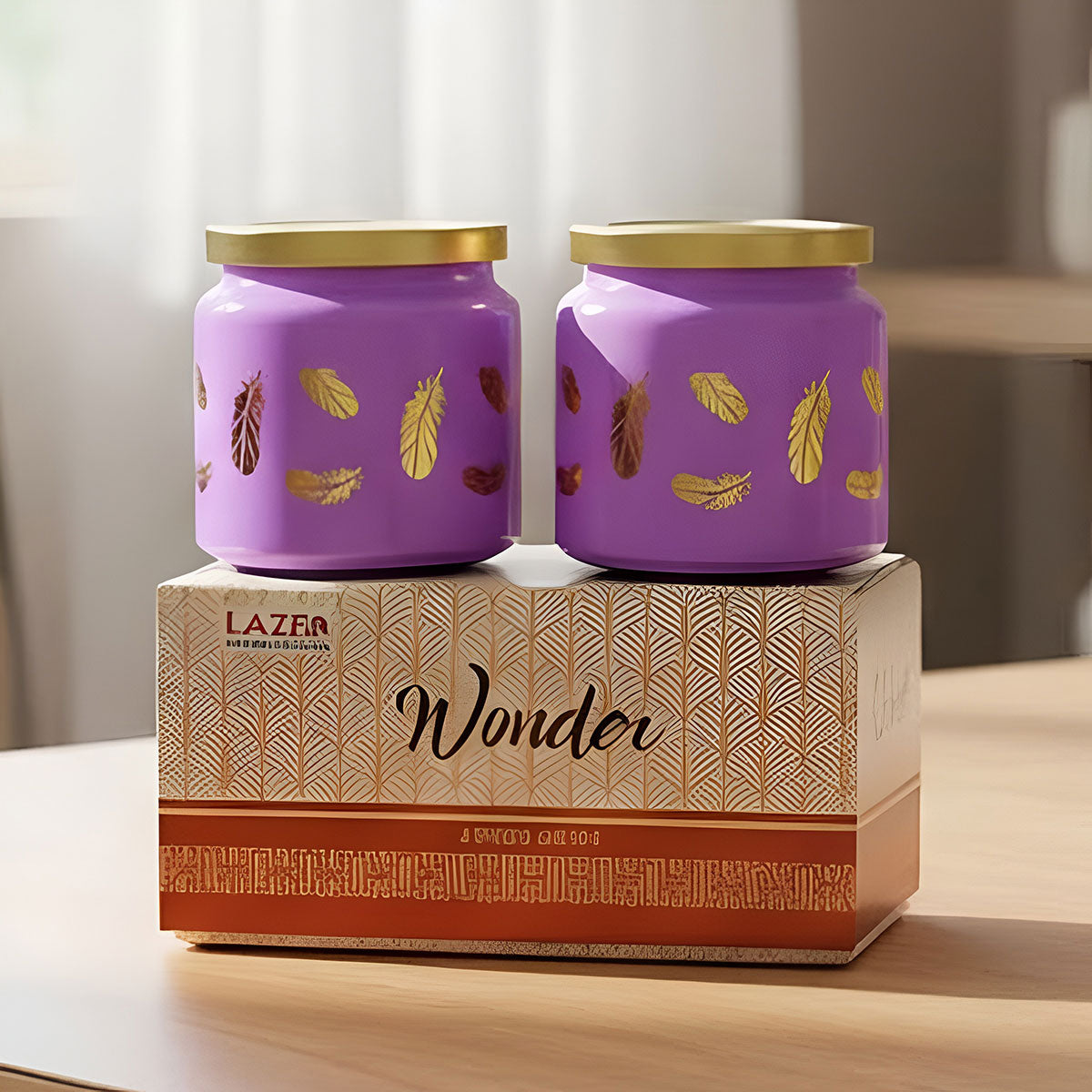TM0077 Wonder Lime Green Feather Design Decorative Jar with Gold Lid - 2pc