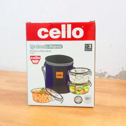 AM5453 Cello Majesty Round Glass Lunch Box 400ml x 3 N with Vertical Jacket & 2 Spoons (Pack of 3Pc)