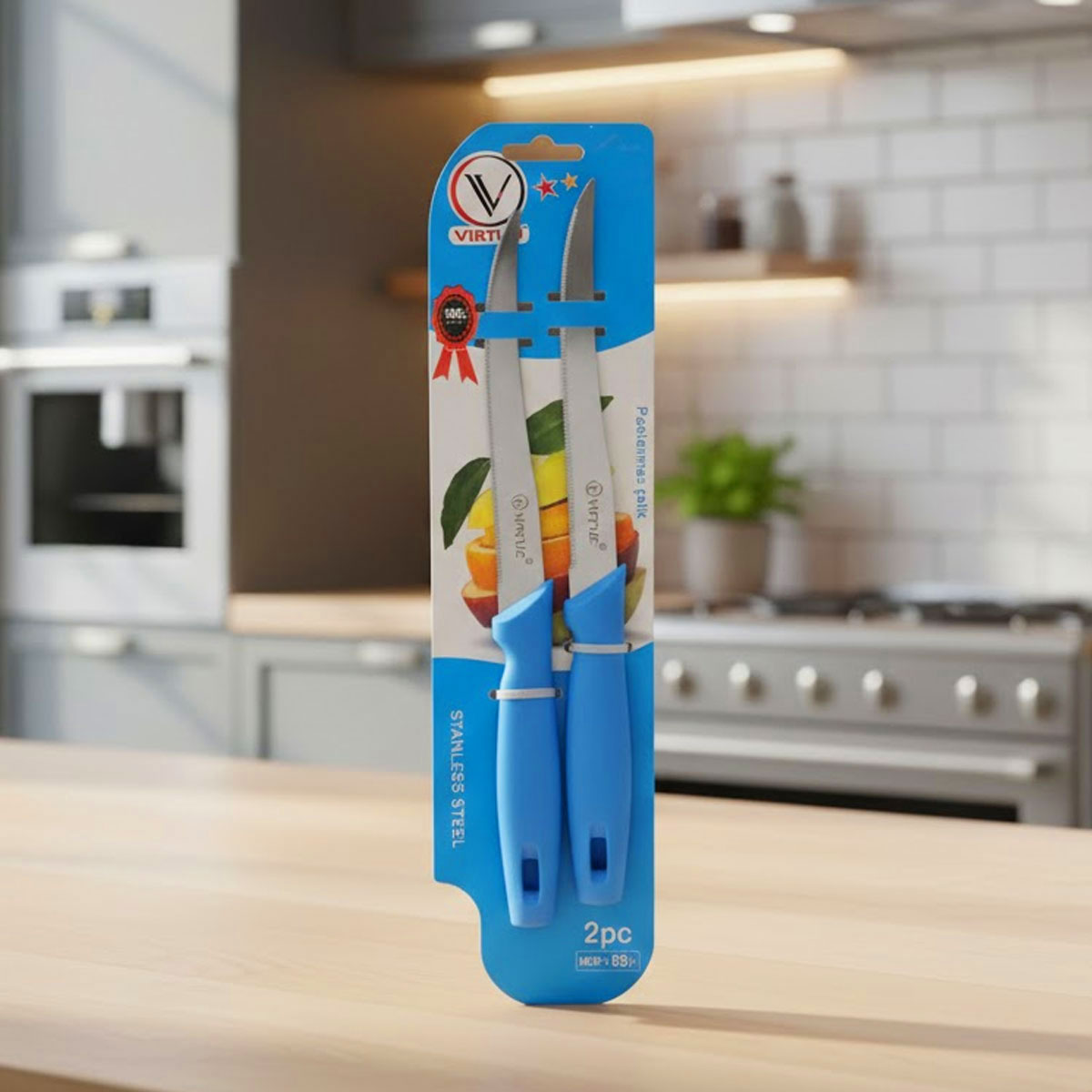 TM0088 Virtue 2-Piece Stainless Steel Utility Knife Set with Ergonomic Blue Handles