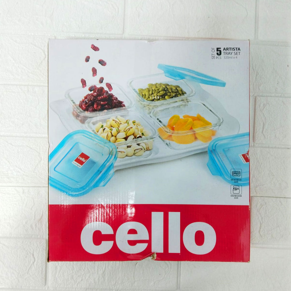 Di0244 Cello Arista 5-Piece Tray Set - 4 Glass Square Containers with Lids & Serving Tray - 320ml Each