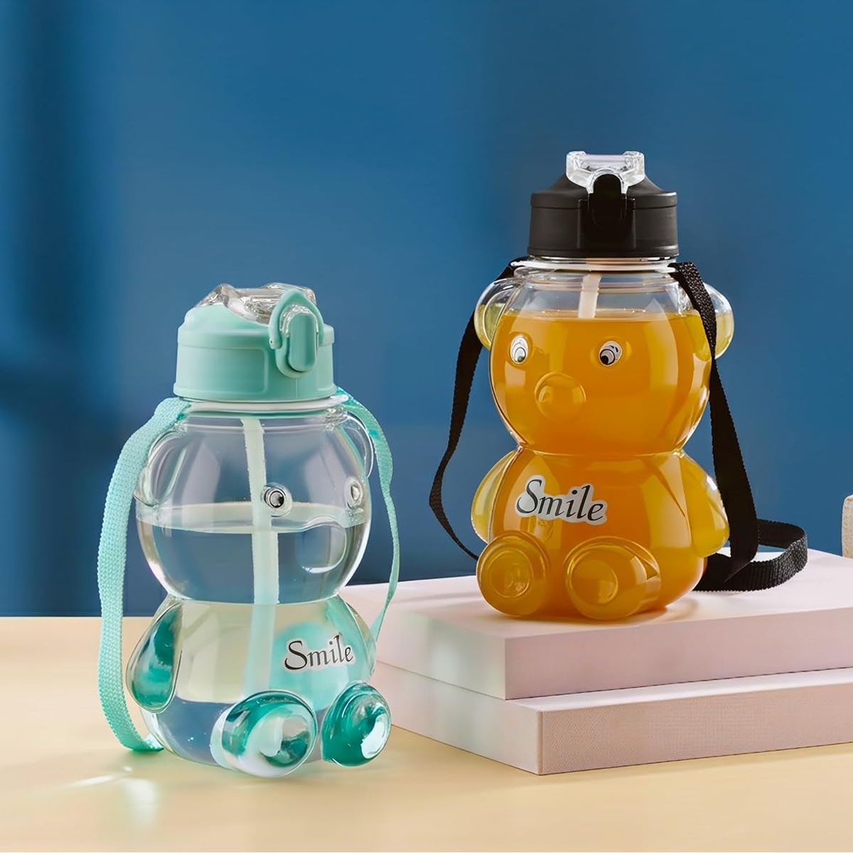 AM6665 Cute Teddy Bear Water Bottle with Straw and Adjustable Shoulder Strap - 1pc