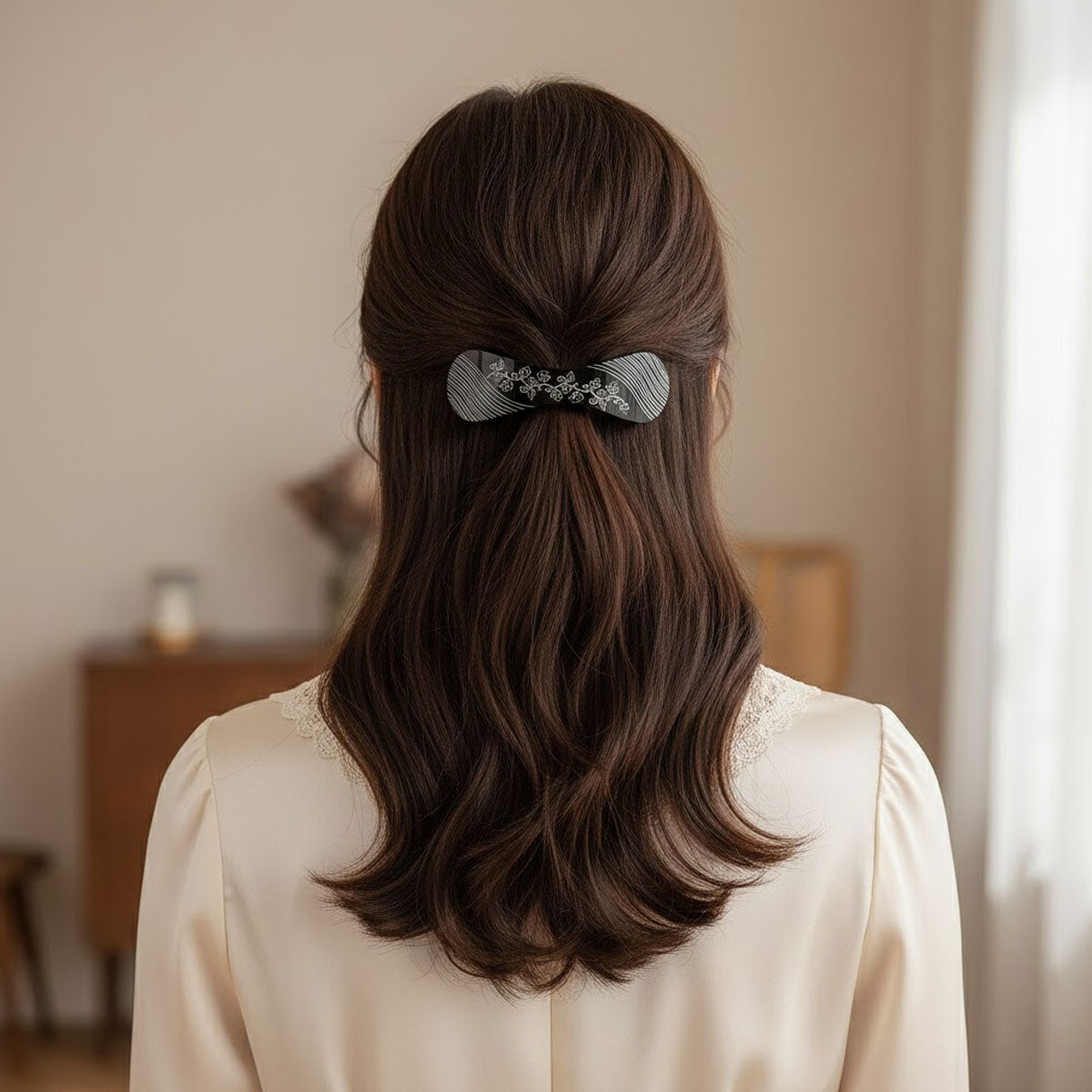 AM6388 Mix-Design Different Bow-Shaped Hair Clip/Barrette with White Floral and Stripe Etching