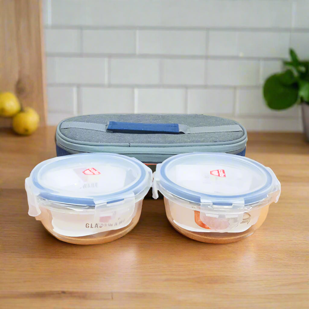 AM5458 Cello Majesty Round Glass Lunch Box 400ml x 2 N with Horizontal Jacket (Pack of 2Pc)