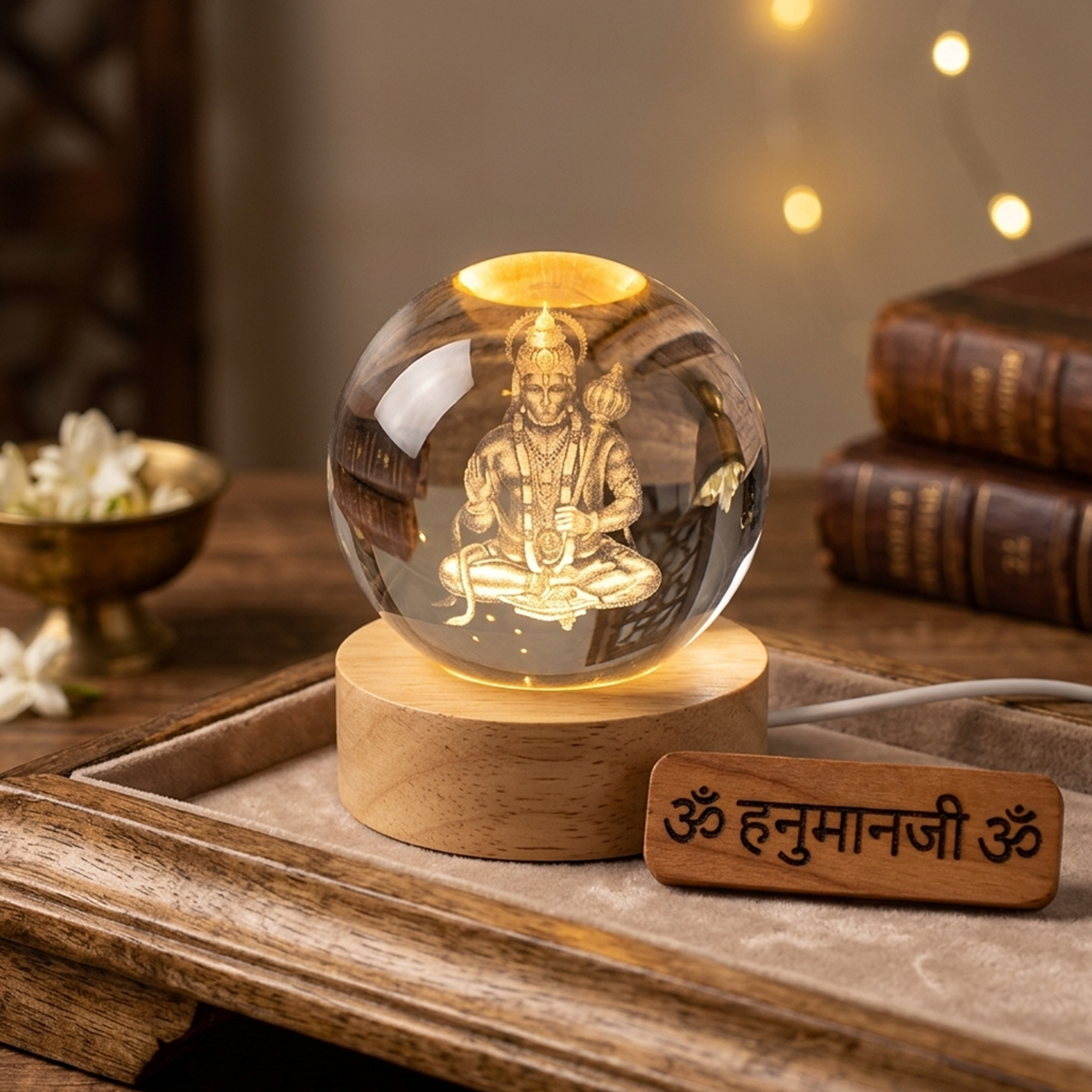 AM6925 3D Laser Engraved Lord Hanuman Crystal Ball Night Light with LED Wooden Base