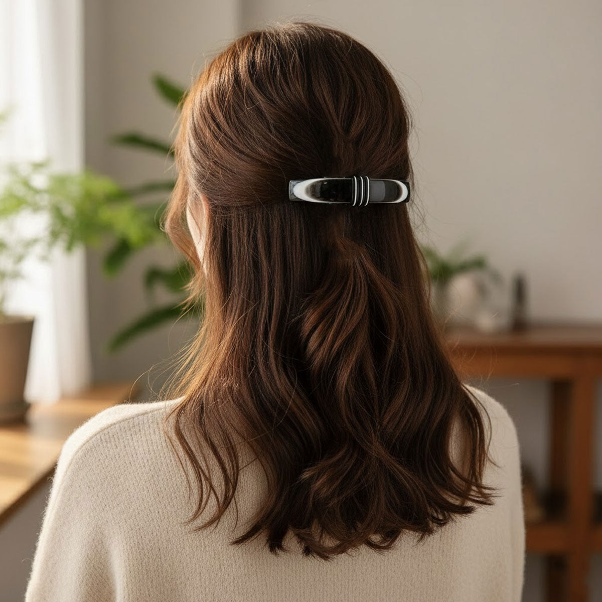 AM6393 Black and White Marbled Resin Barrette Hair Clip - 1pc