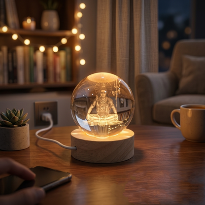 AM6924 3D Laser Engraved Lord Shiva Crystal Ball Night Light with Wooden LED Base